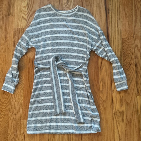 Gray and white striped long sleeve sweater dress. - Picture 2 of 3
